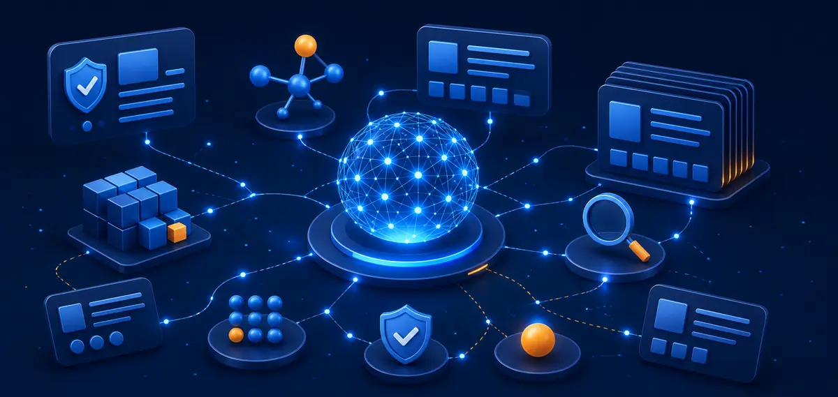 Abstract healthcare AI knowledge graph connecting evidence, search, safety and structured data signals