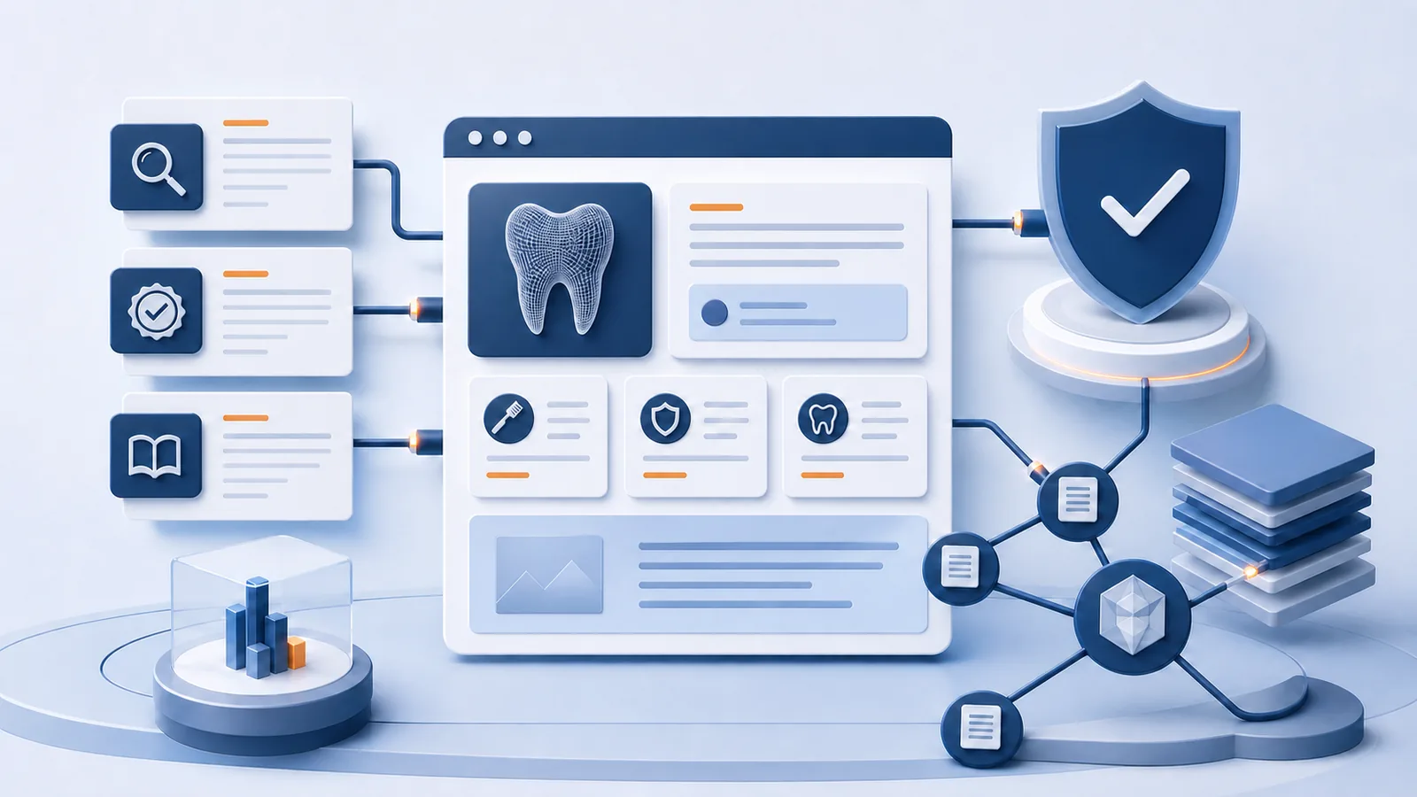 Dental website content system connecting patient information, evidence and ethical claim checks