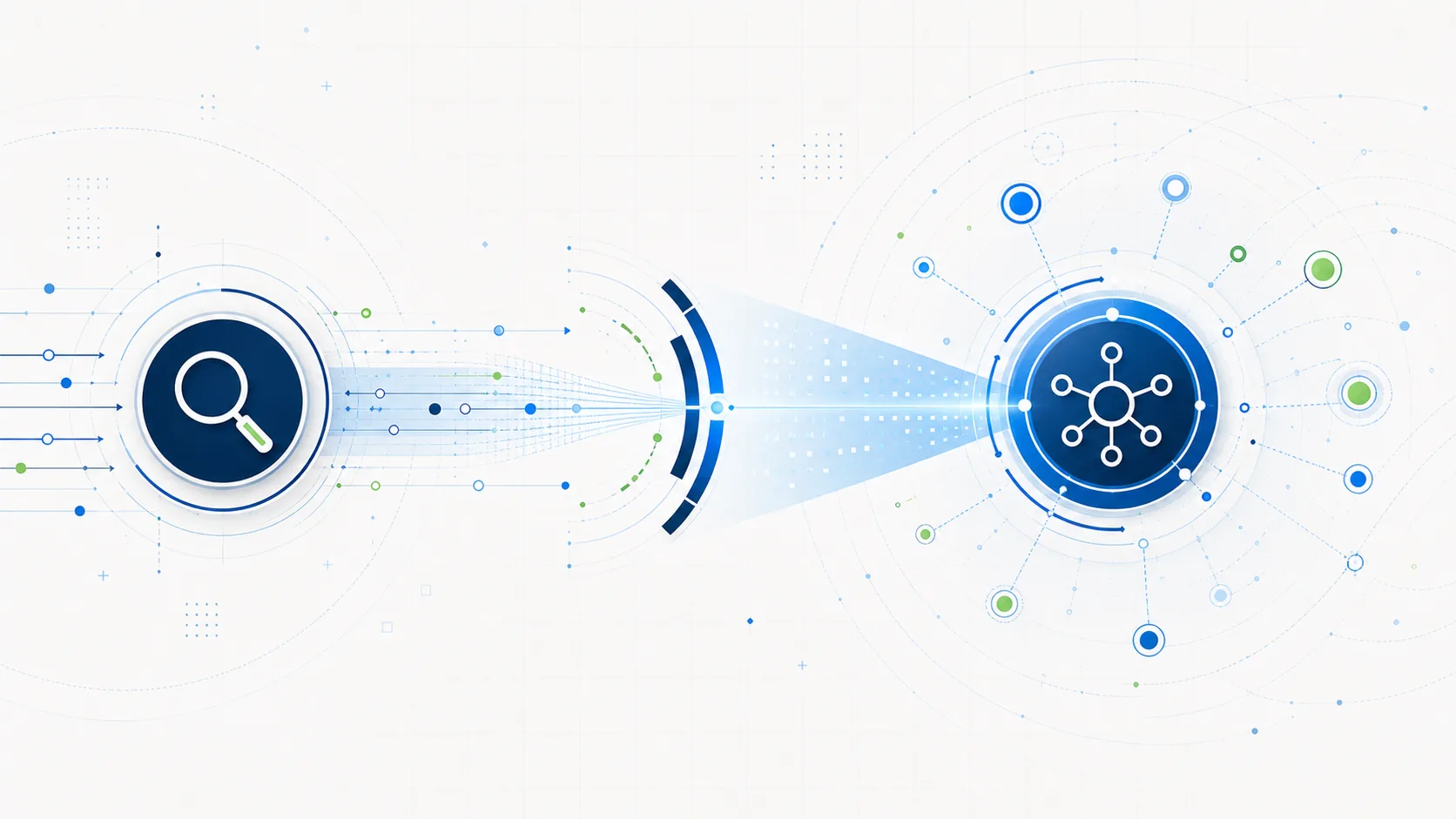 Abstract SEO and AI search system showing traditional search evolving into answer visibility