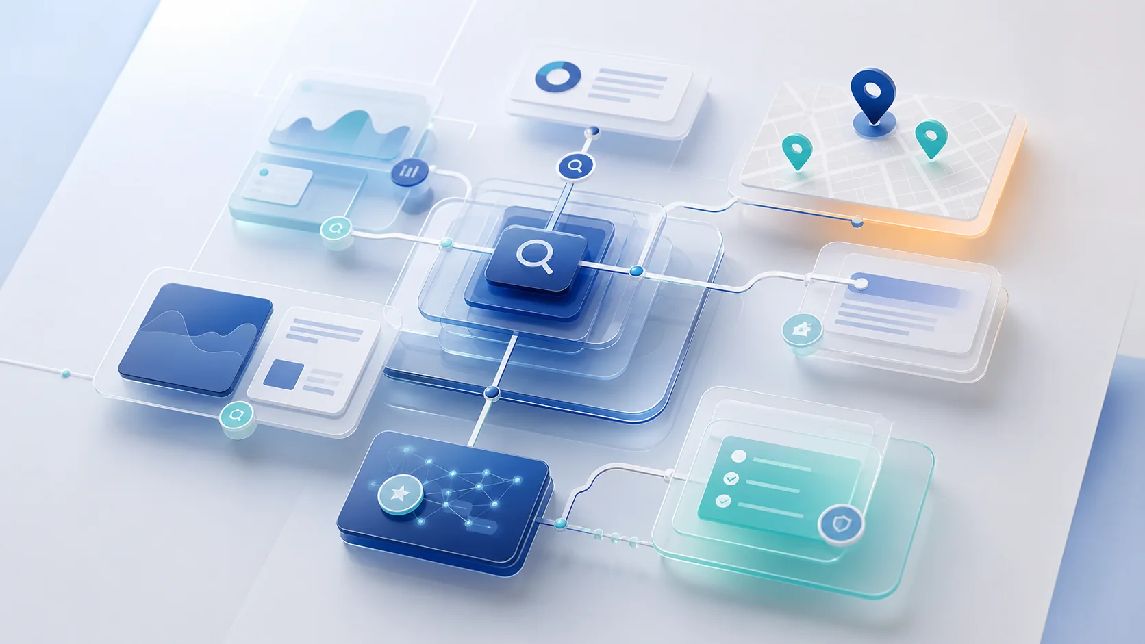 Abstract healthcare marketing strategy system linking search, local visibility, content and trust signals