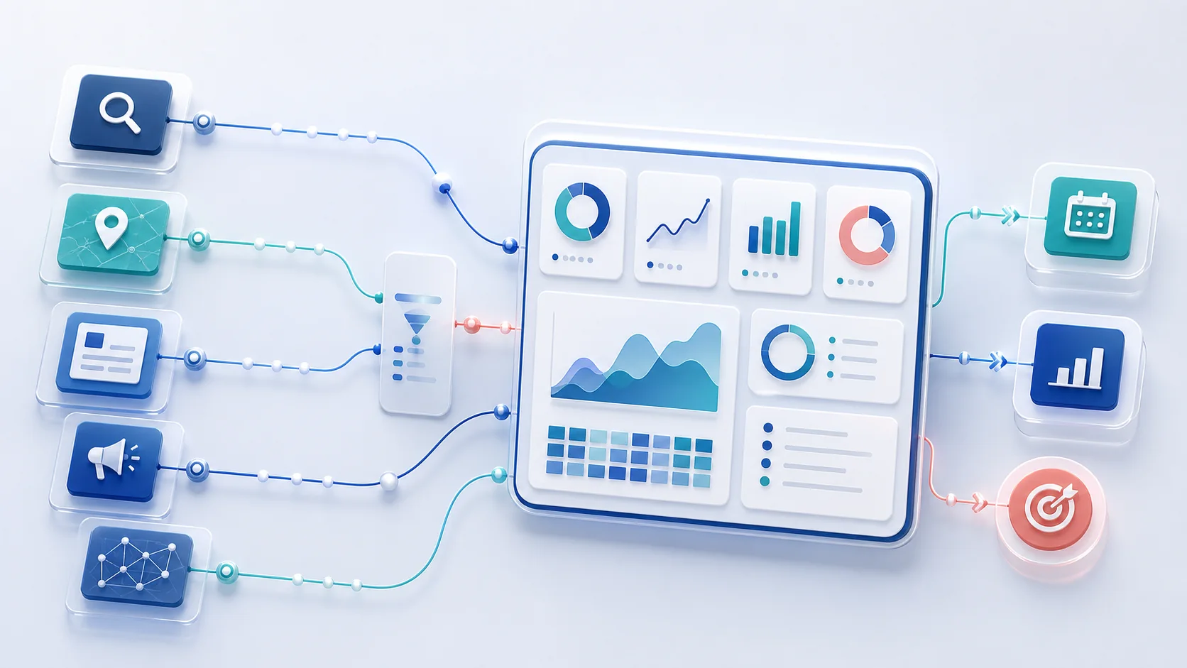 Abstract measurement dashboard linking search, content, local visibility and conversion signals