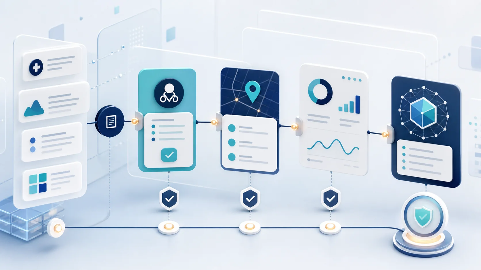 Abstract diagram linking healthcare content, local search, clinical review gates and AI visibility signals