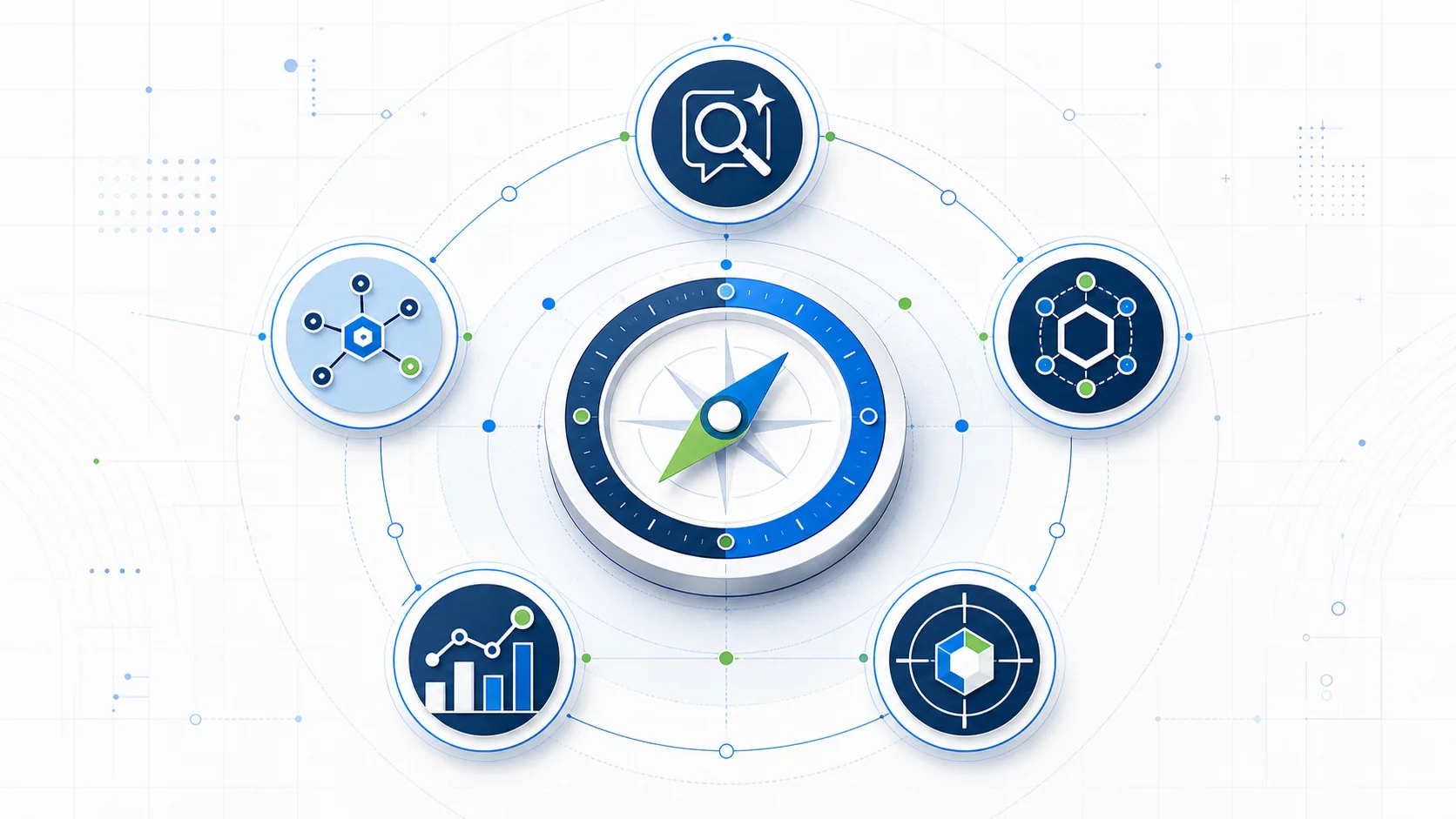 Abstract GEO agency selection compass showing answer engine visibility and citation strategy