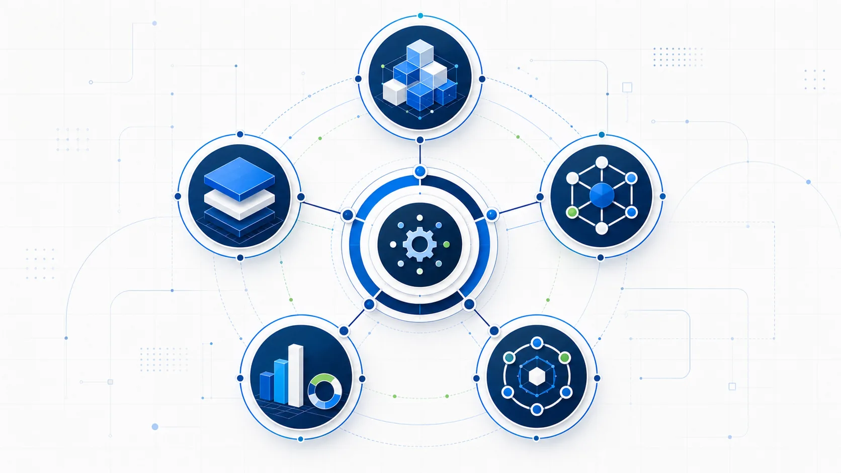 Abstract SEO services system covering technical SEO, content, authority, reporting and GEO readiness