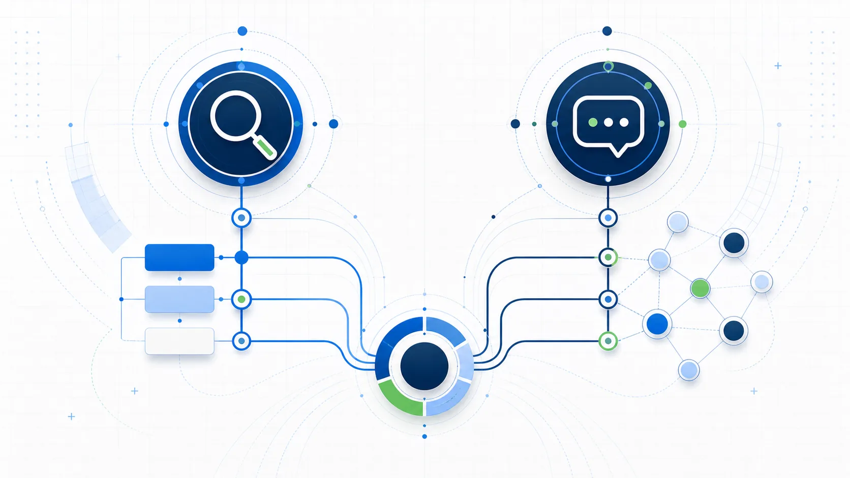 Abstract SEO and GEO comparison showing search visibility and AI answer visibility joined into one strategy