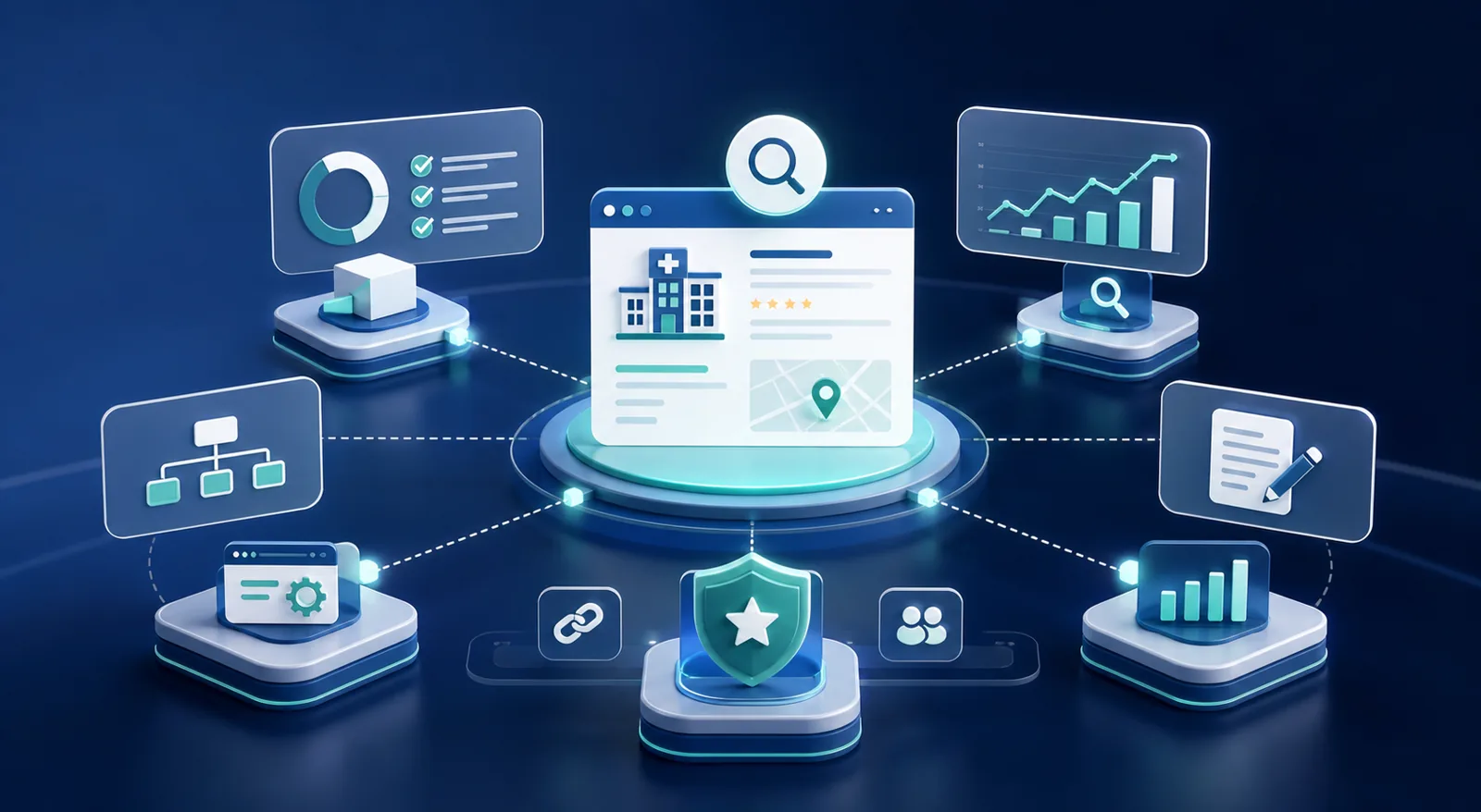 Abstract doctor SEO agency strategy hub for medical search growth