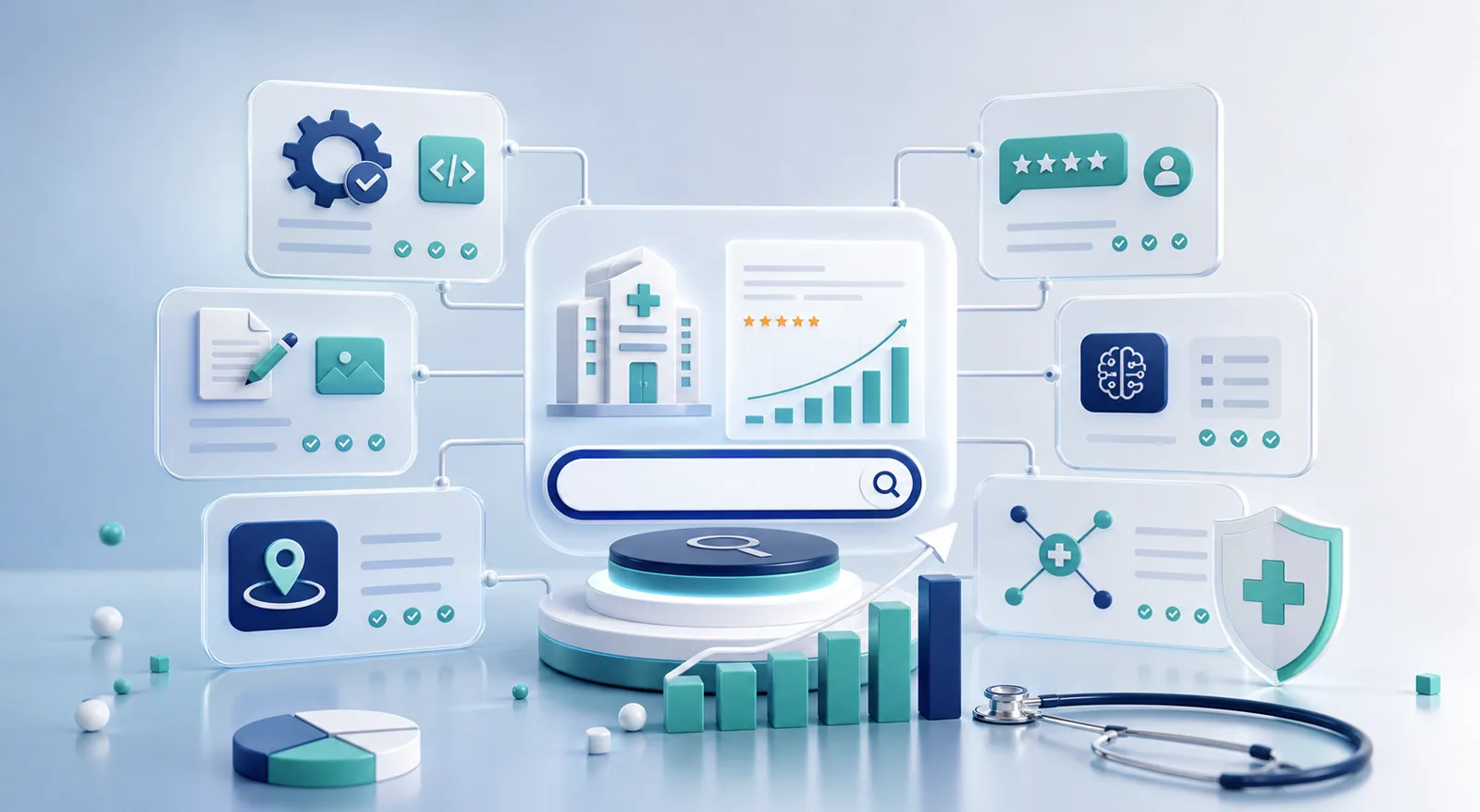 Abstract doctor SEO services system with technical SEO, local visibility and content modules
