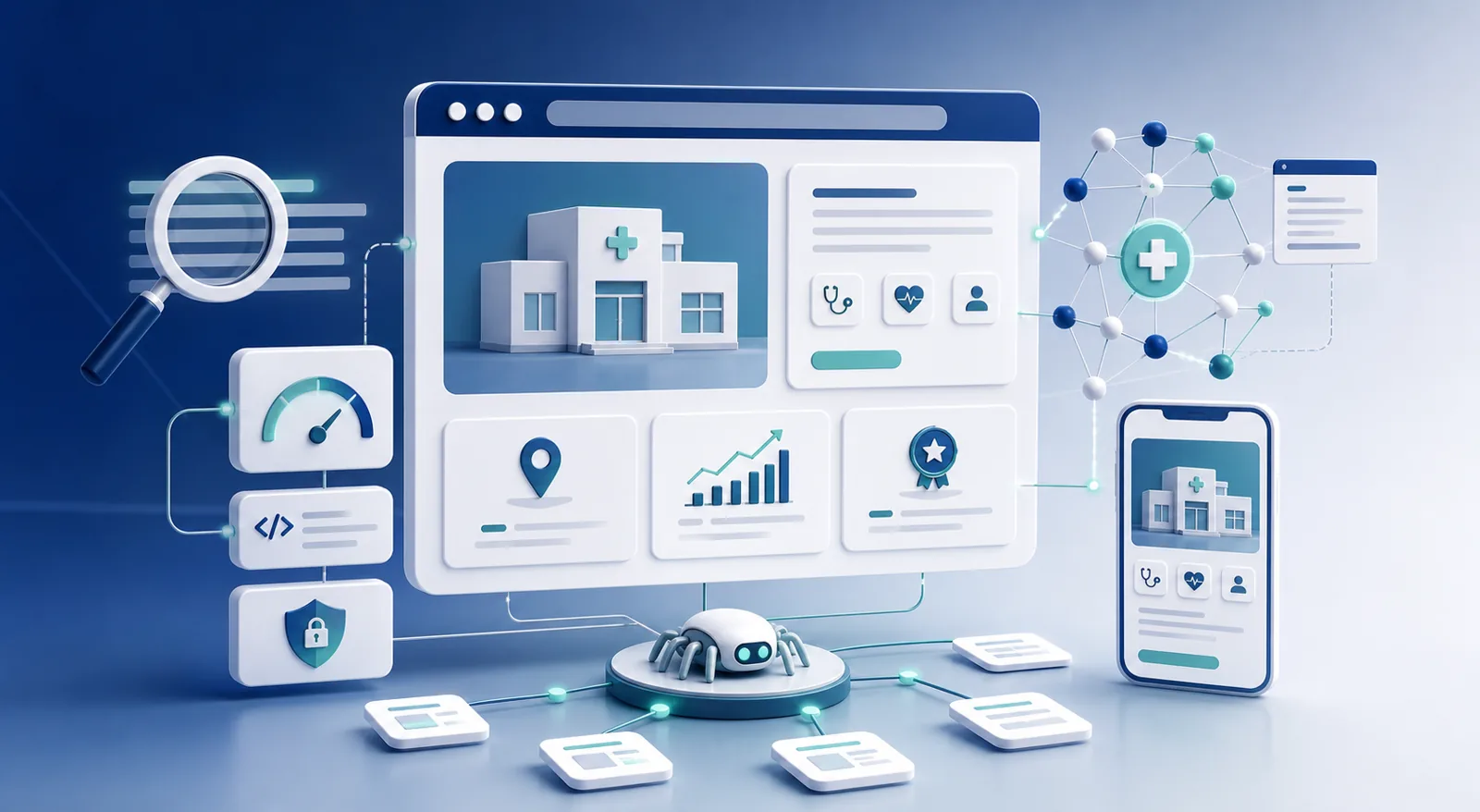 Abstract doctor website SEO dashboard with technical search and mobile optimisation panels