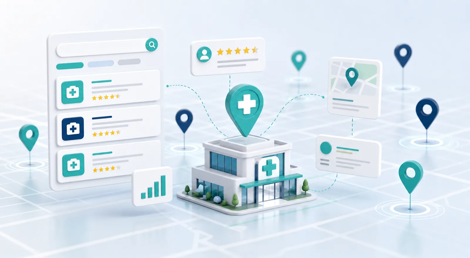 Abstract local SEO for doctors map pack and clinic visibility system