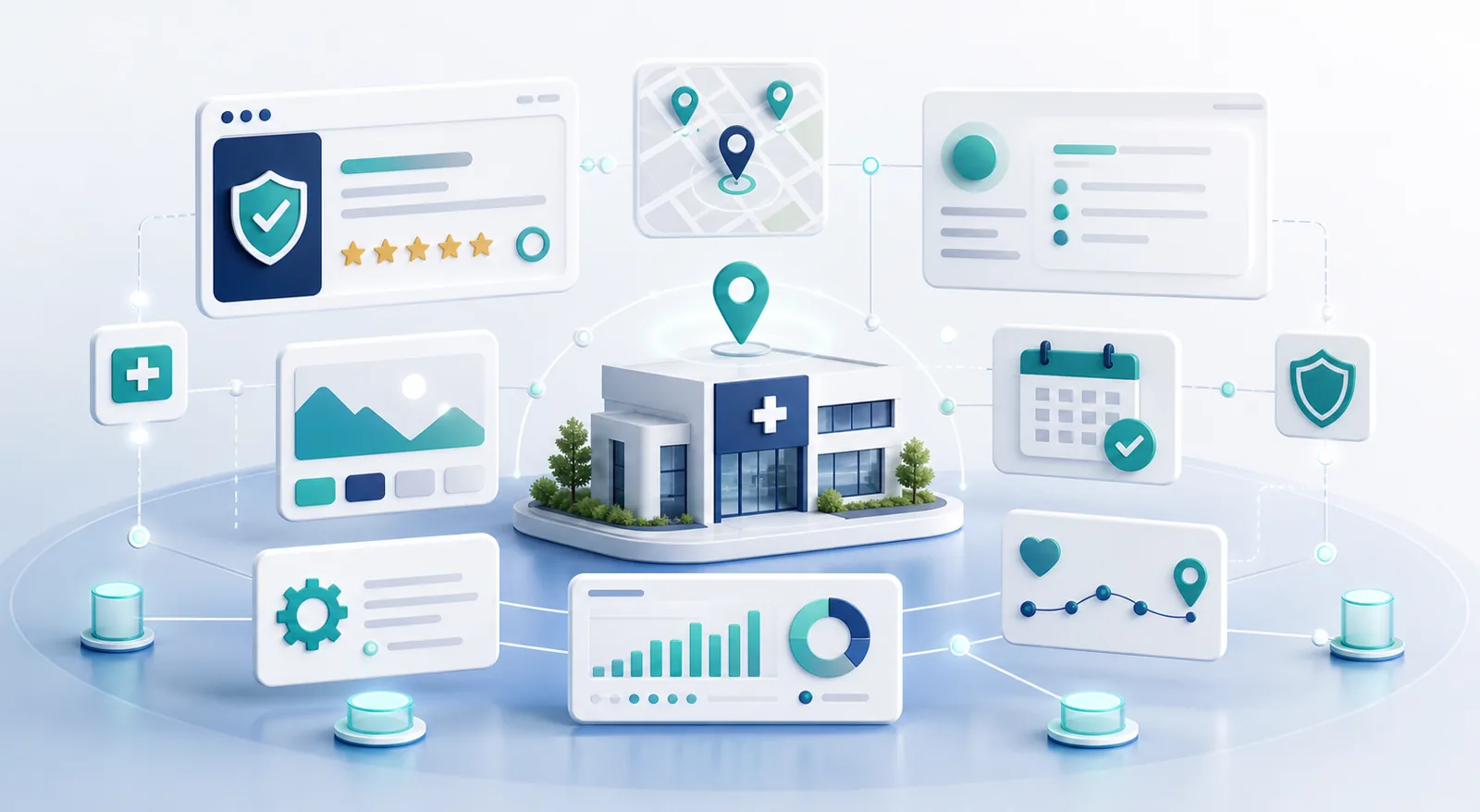 Abstract medical practice SEO services ecosystem with clinic search and local visibility modules