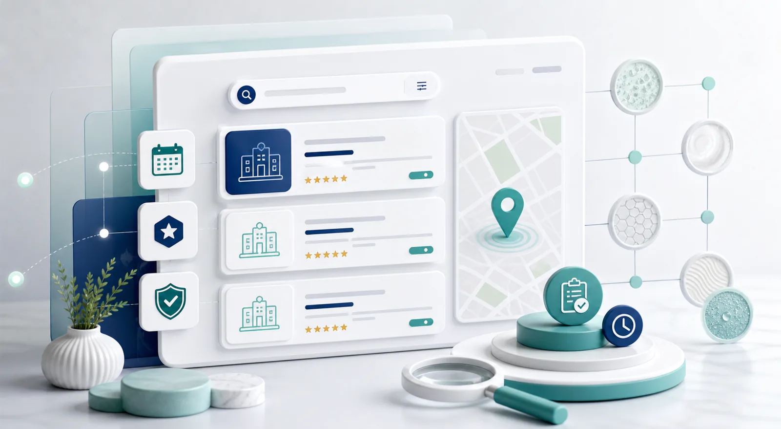 Abstract SEO for dermatologists search dashboard with dermatology clinic visibility signals
