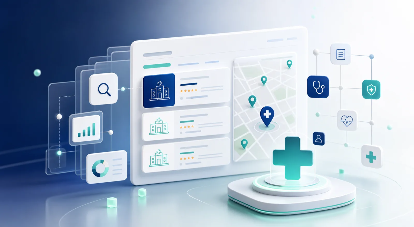 Abstract doctor SEO search visibility dashboard for clinics and medical practices