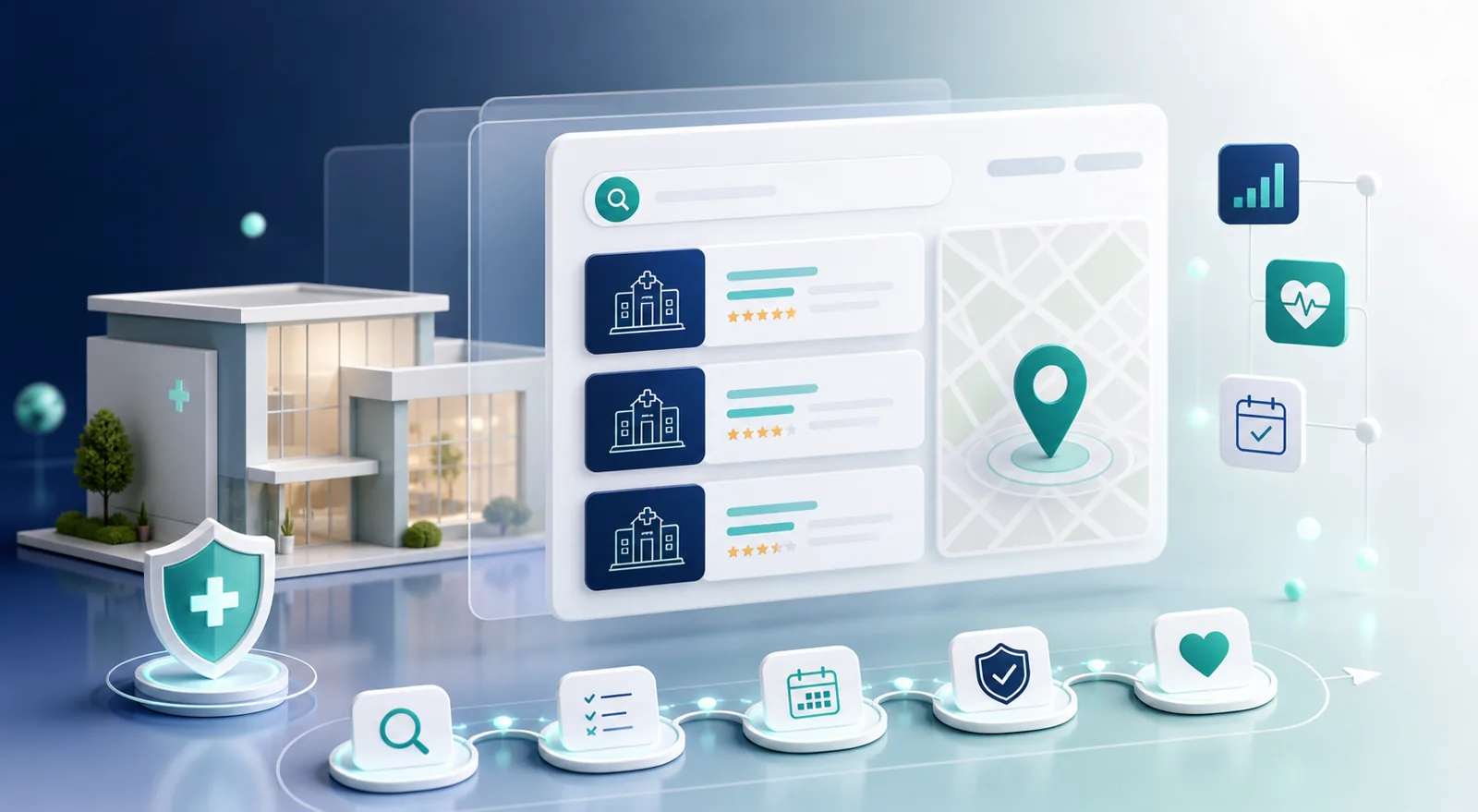 Abstract SEO for private doctors with private clinic search results and trust signals