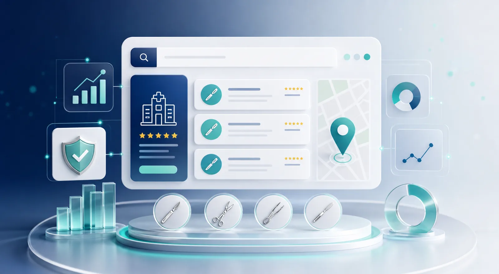 Abstract SEO for surgeons search visibility system with specialist clinic and trust signals