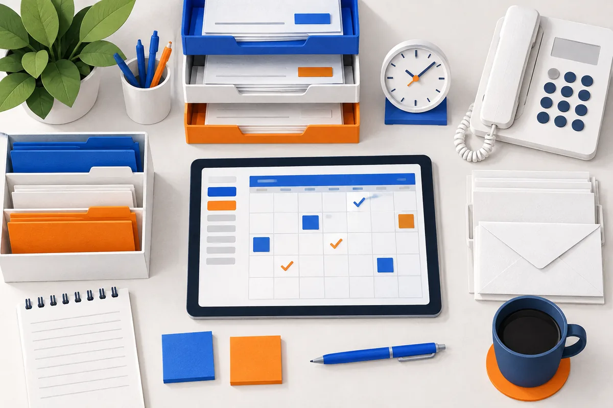 Healthcare administration tools with a calendar tablet, organised correspondence and clock.