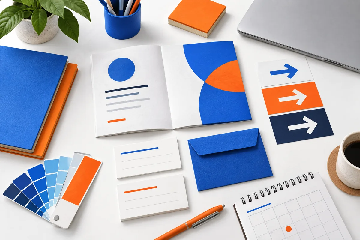 Healthcare brand materials with blue and orange stationery, colour samples and wayfinding arrows.
