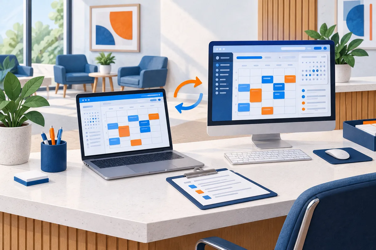 Healthcare booking calendars on two connected screens with blue and orange appointment cards.
