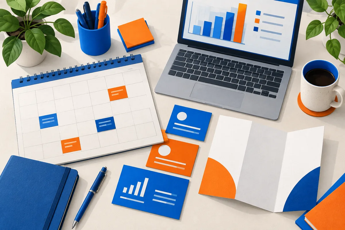 Healthcare marketing calendar, campaign materials and a laptop showing anonymous charts.