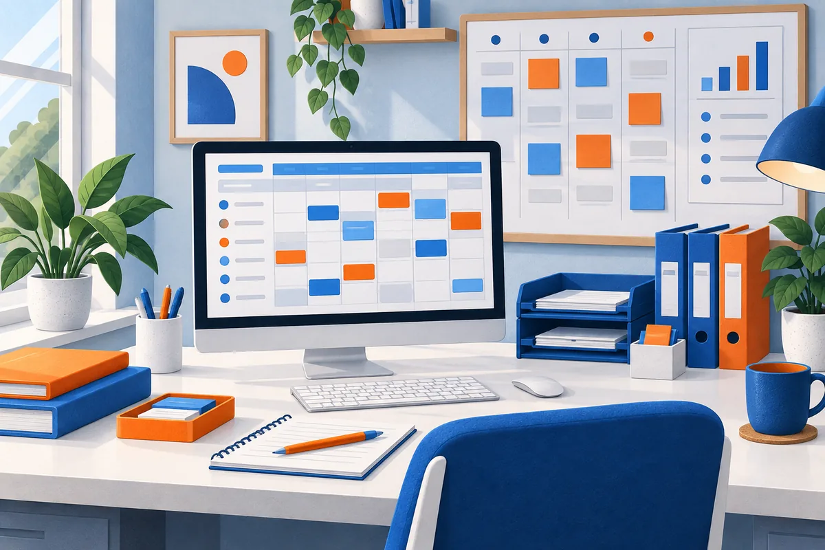 Healthcare scheduling software, planning board and organised folders in a blue, white and orange office.