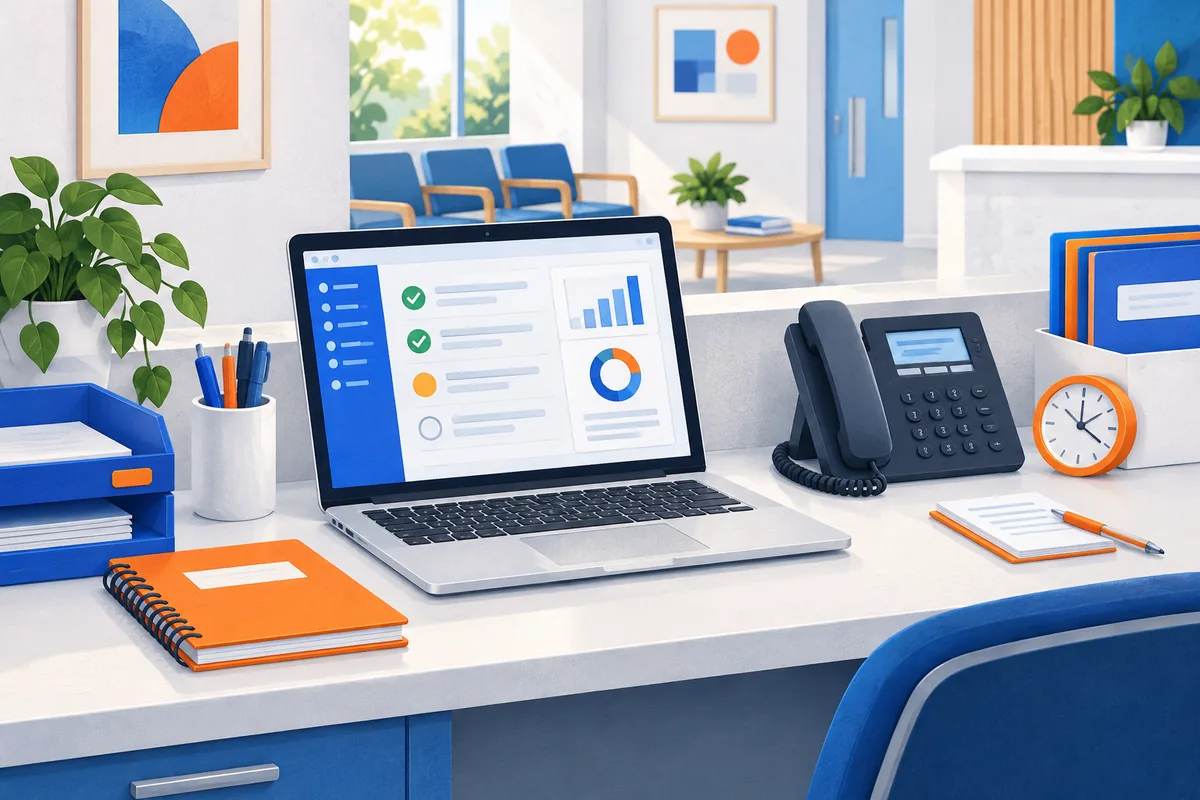 Healthcare website support desk with a system checklist, telephone and orange notebook.