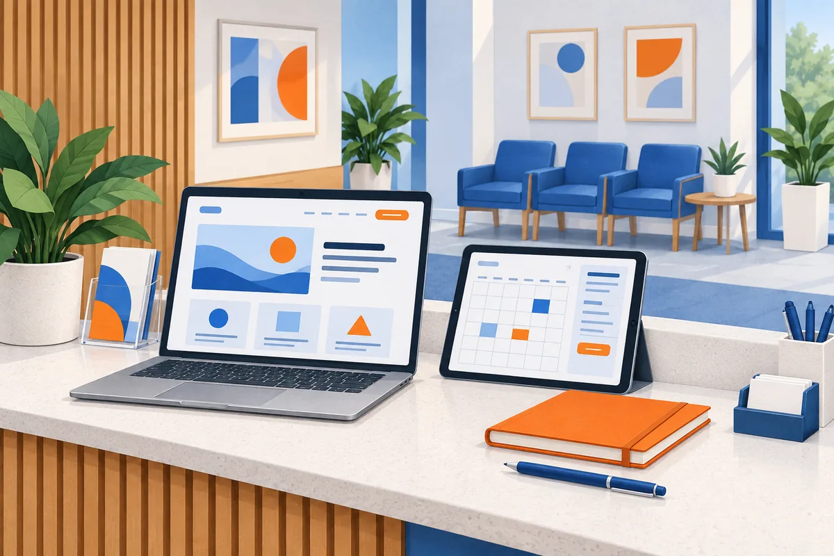 Healthcare website and appointment calendar displayed on devices at an empty clinic reception.