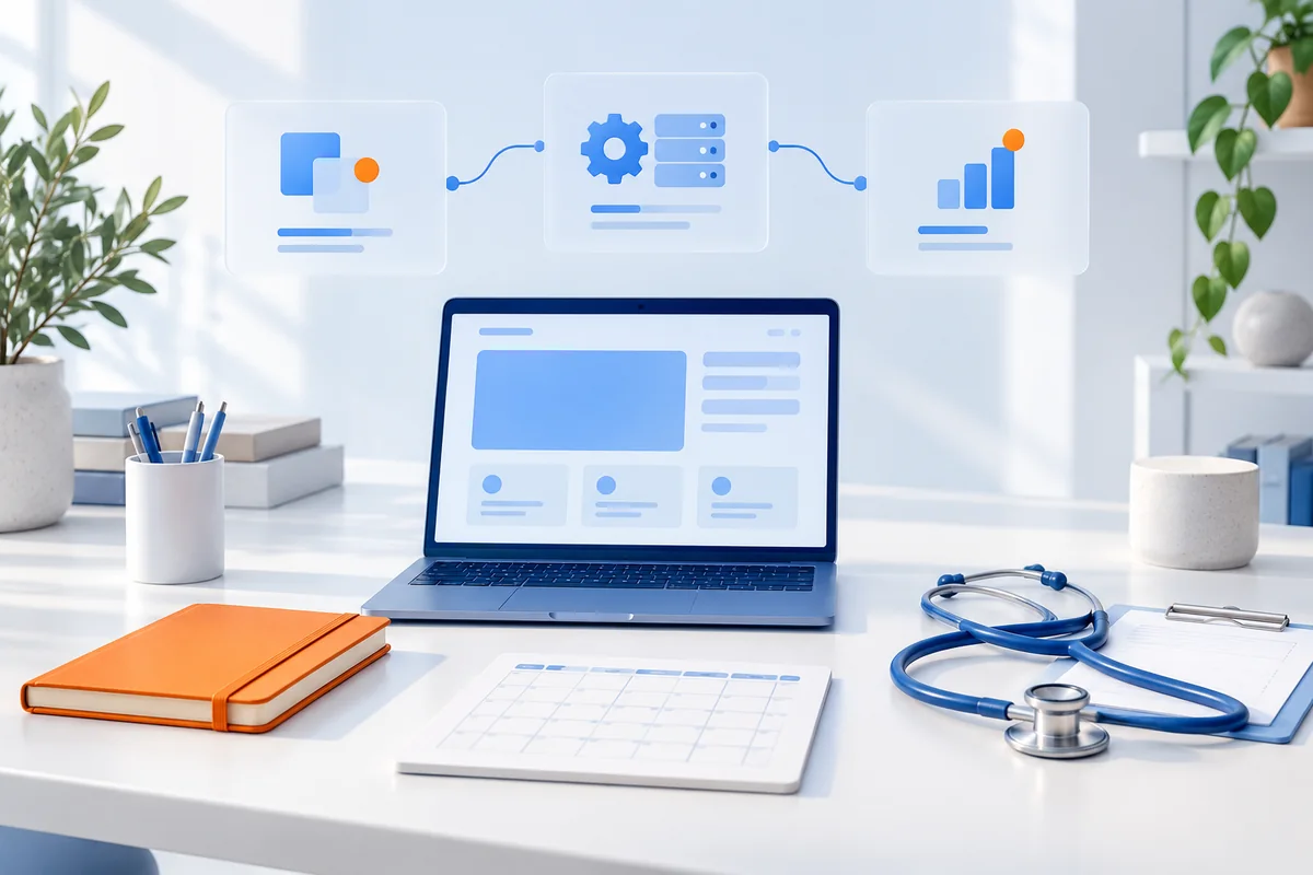Healthcare website and software planning with a calendar, stethoscope and connected service cards.