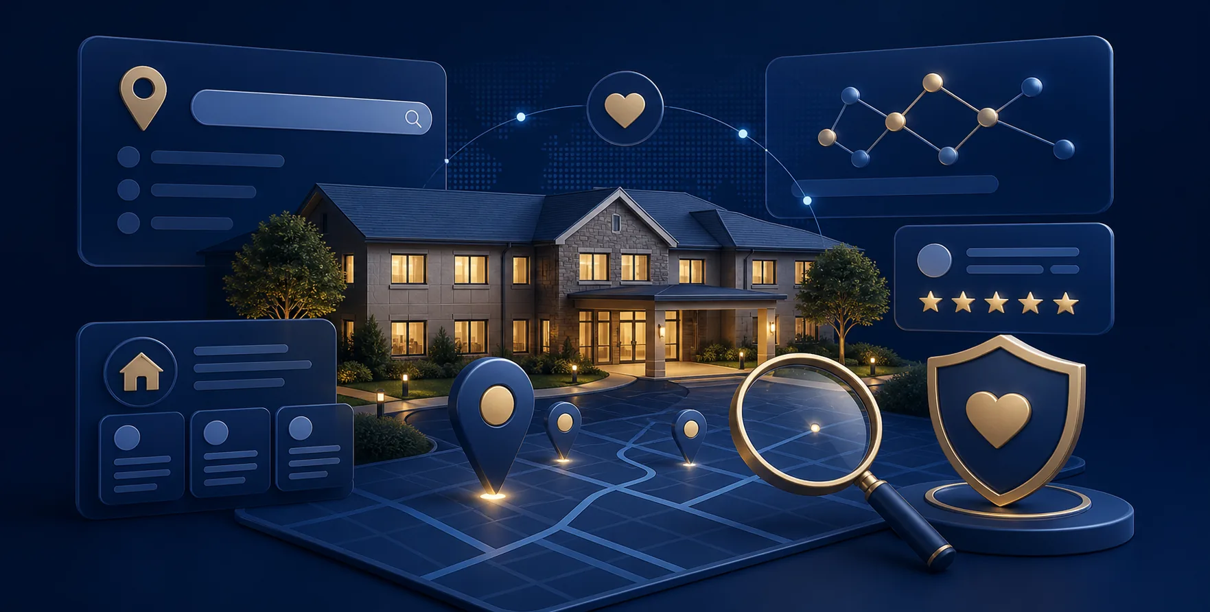 Symbolic care home SEO search system with local discovery and trust signals