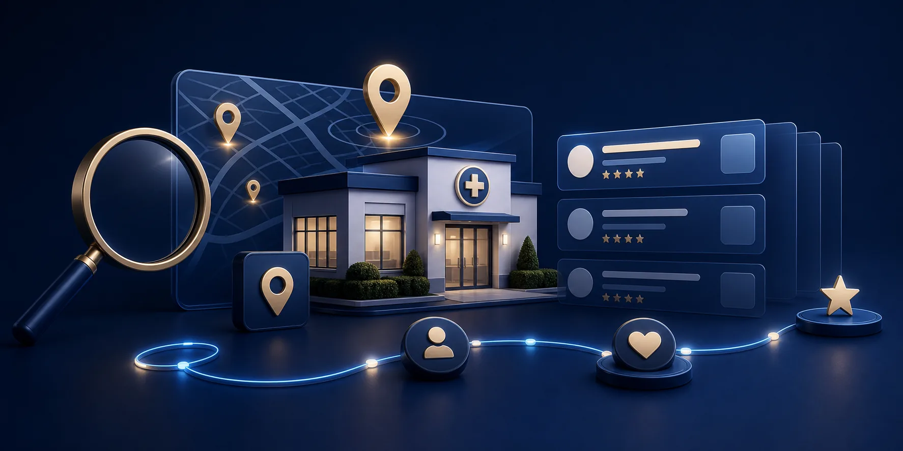 Symbolic clinic SEO search system with local map pins and ranking cards