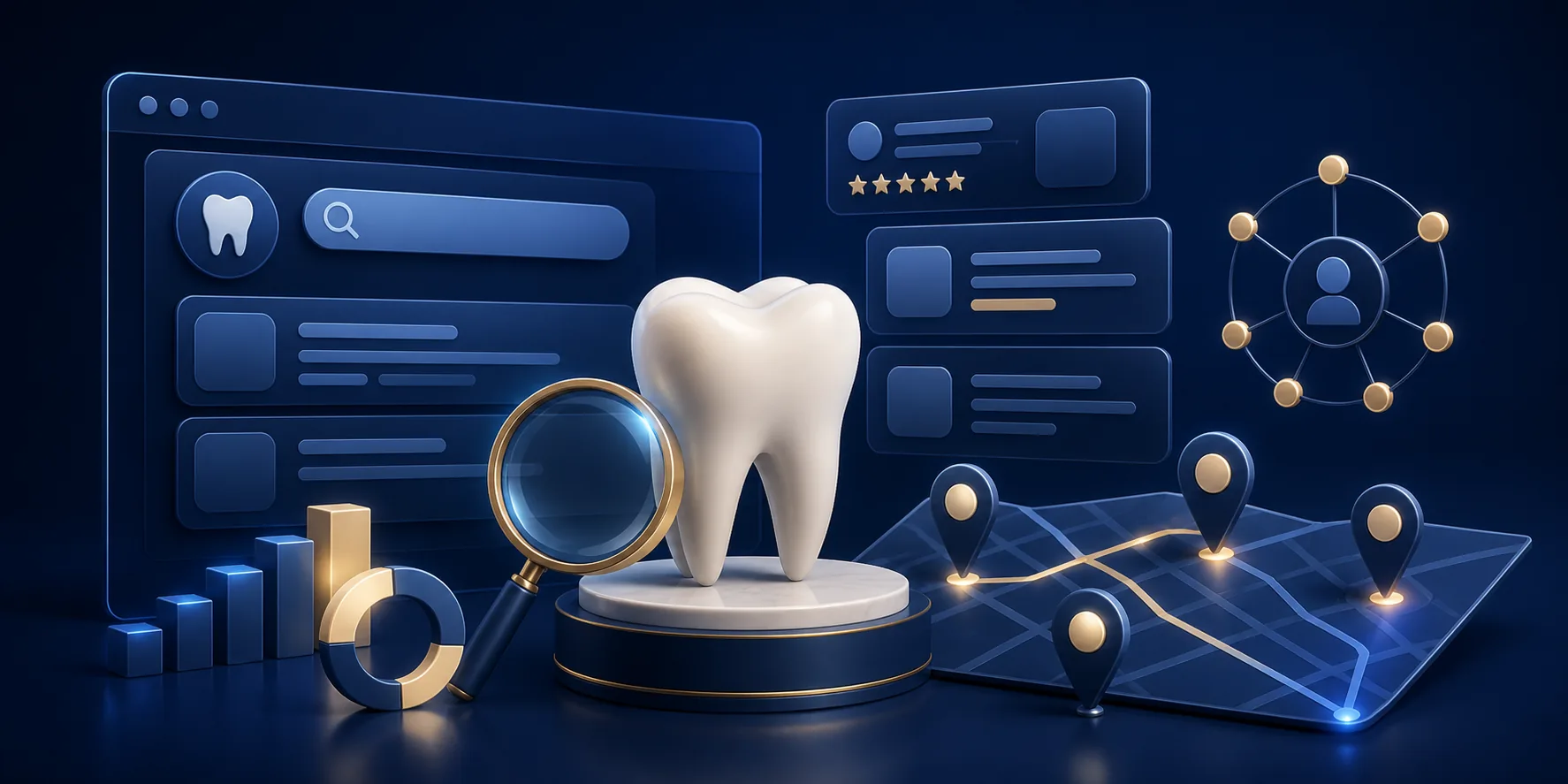 Dental SEO search system showing local discovery, treatment pages and review signals