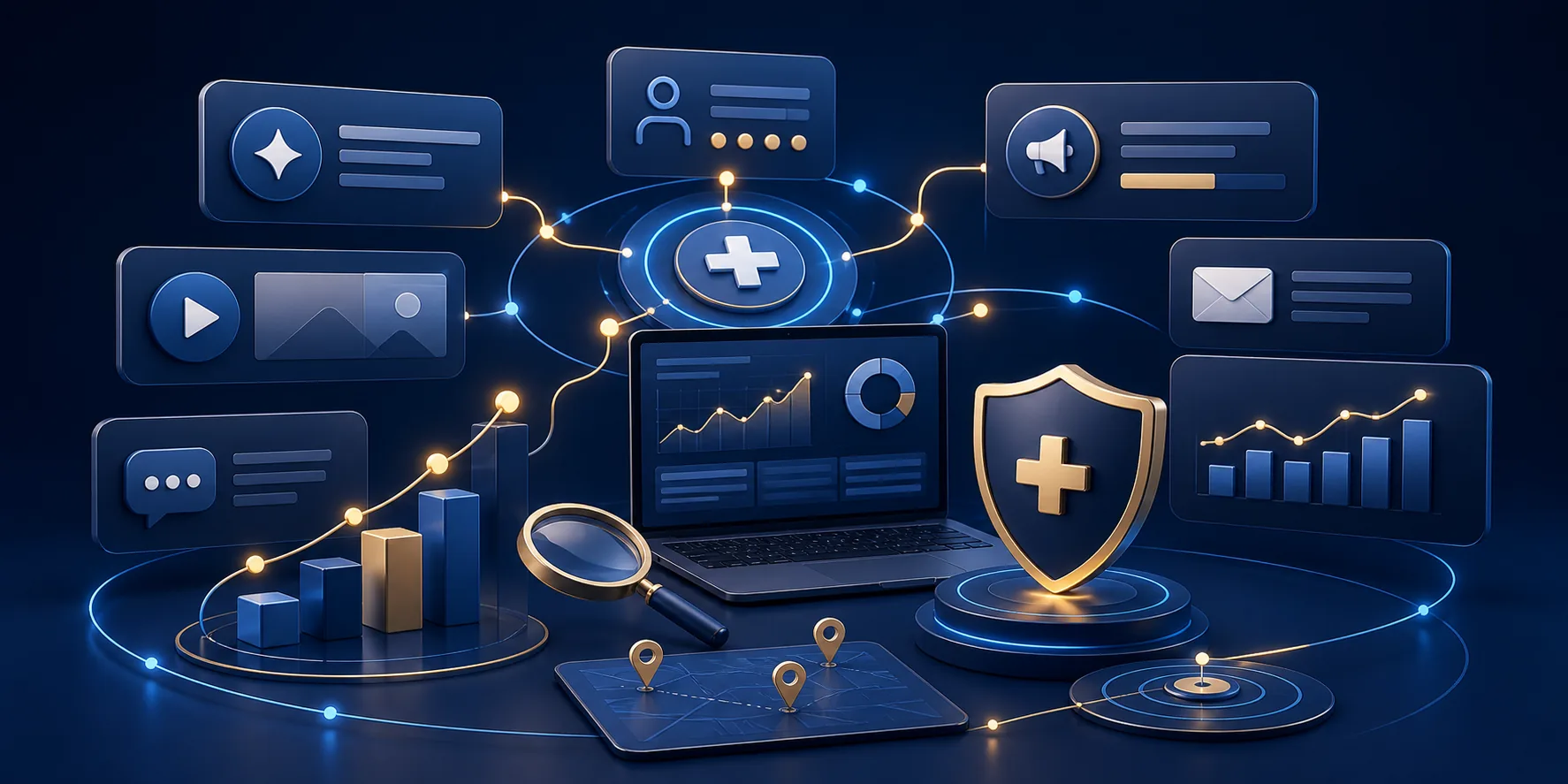 Symbolic healthcare digital marketing system with connected channel and search cards