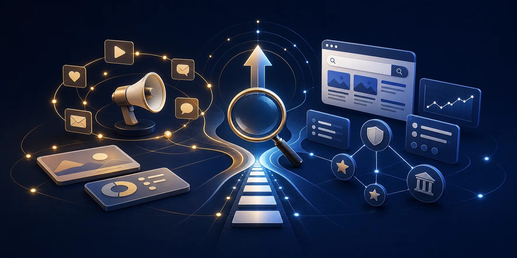 Symbolic healthcare marketing and SEO strategy paths joining into one visibility system
