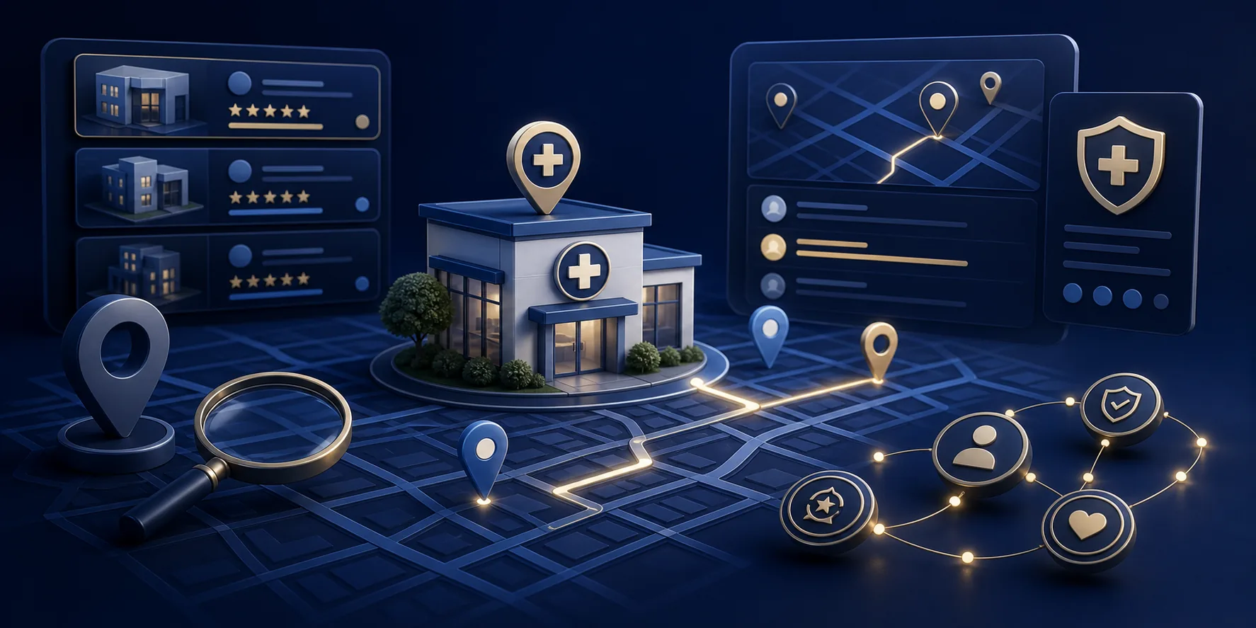 Symbolic medical local SEO map interface with clinic search pins and listing cards